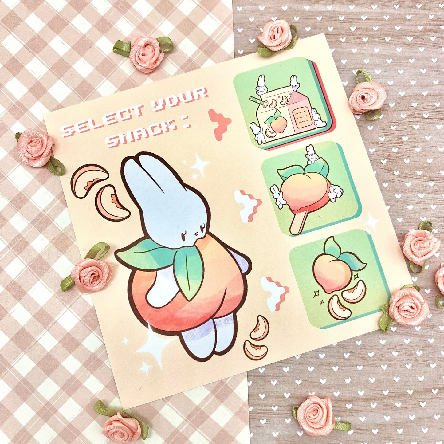 Peaches and Bunnies Matte Square Art Mini Print (2 sizes available)