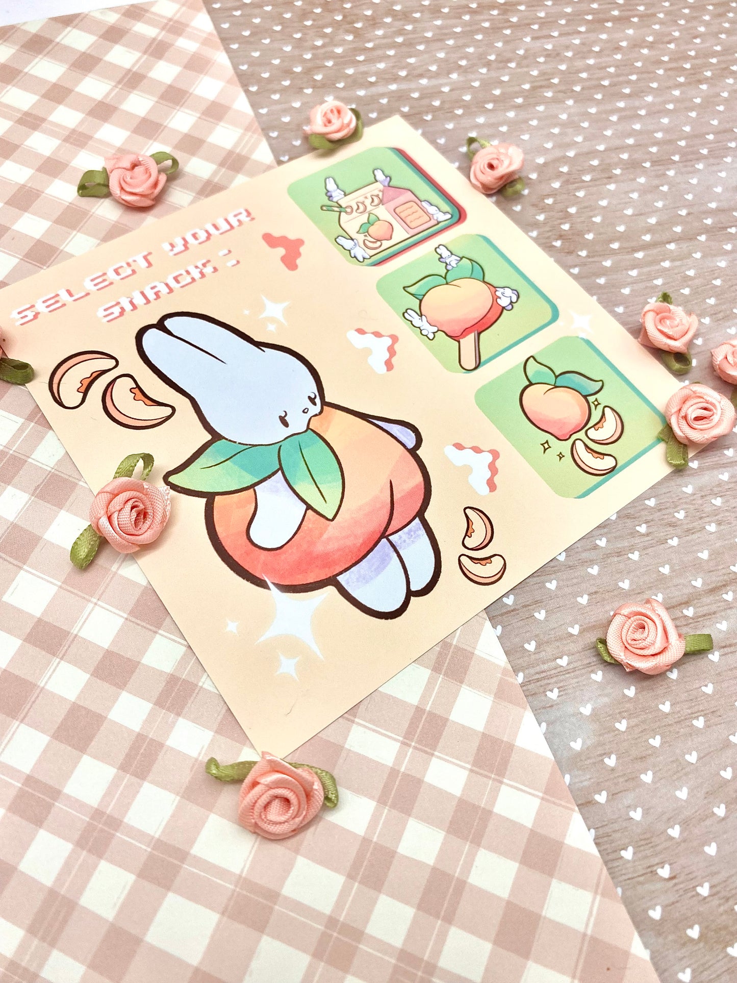 Peaches and Bunnies Matte Square Art Mini Print (2 sizes available)