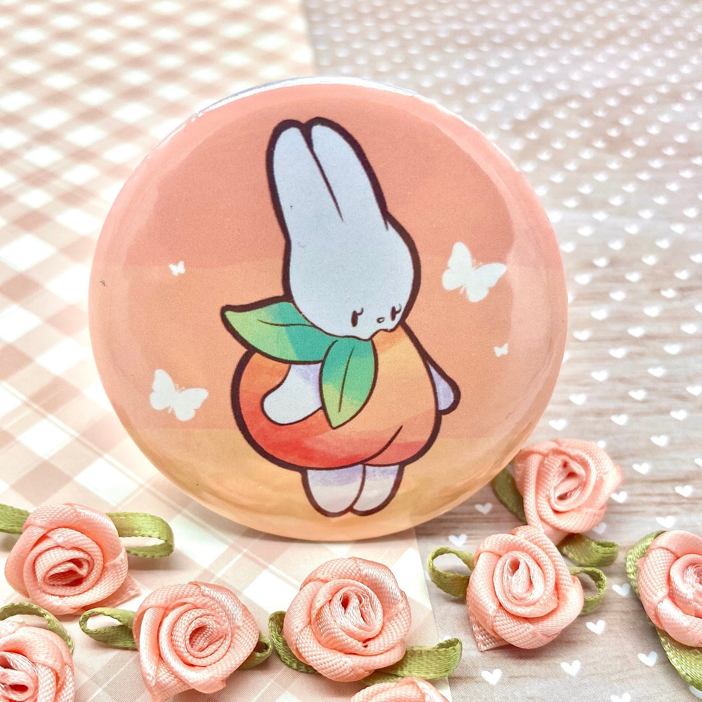 Peaches and Bunnies Button Pin