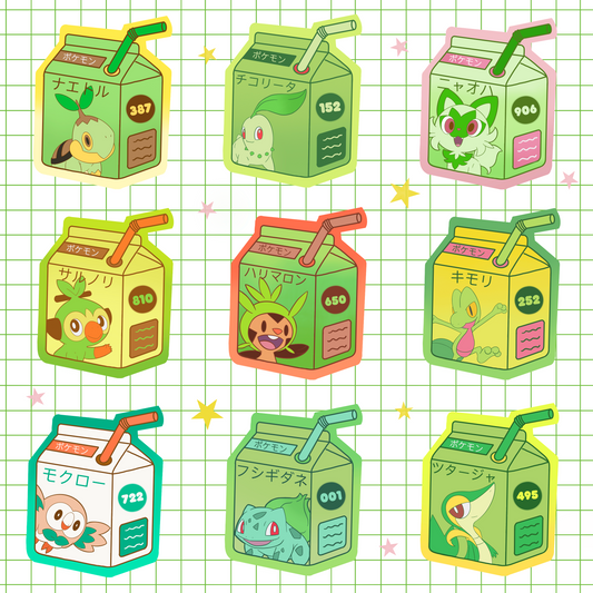 Grass Type Starters Juice Boxes vinyl stickers (set of 9)