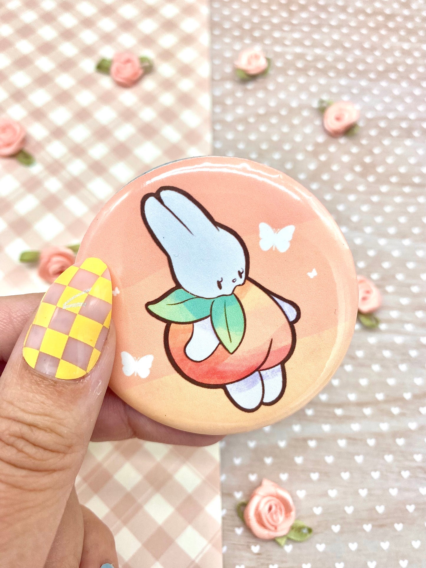 Peaches and Bunnies Button Pin