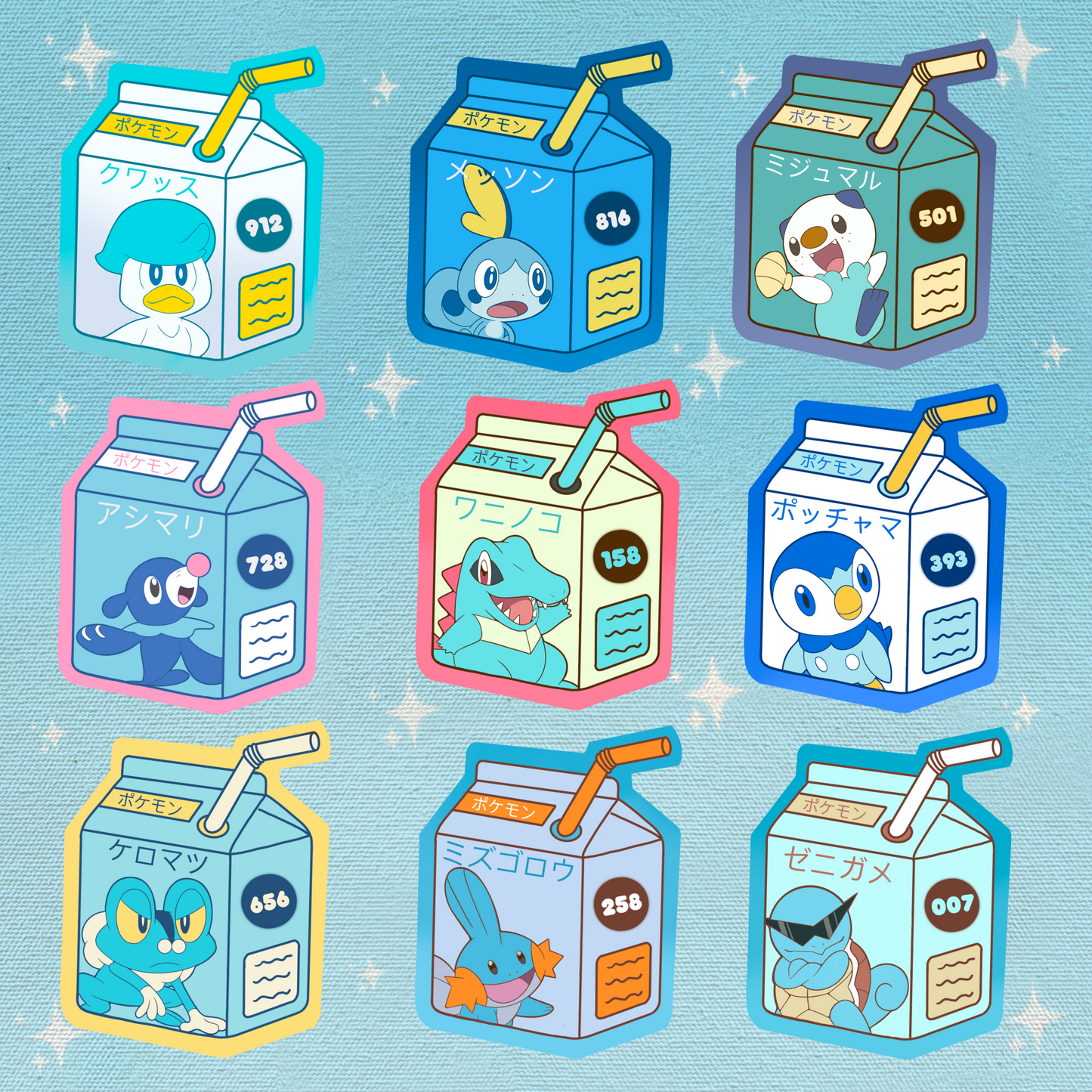 Water Type Starters Juice Boxes vinyl sticker pack