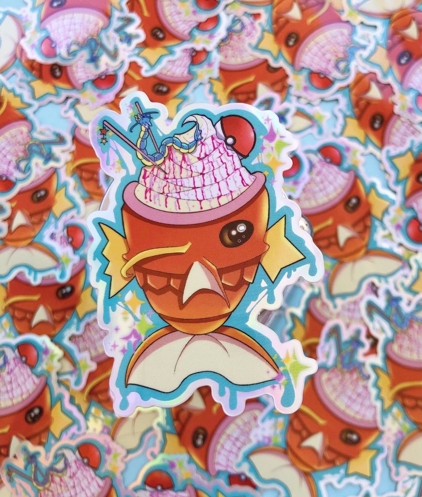 Pokémon inspired Magikarp & Gyarados holographic vinyl sticker