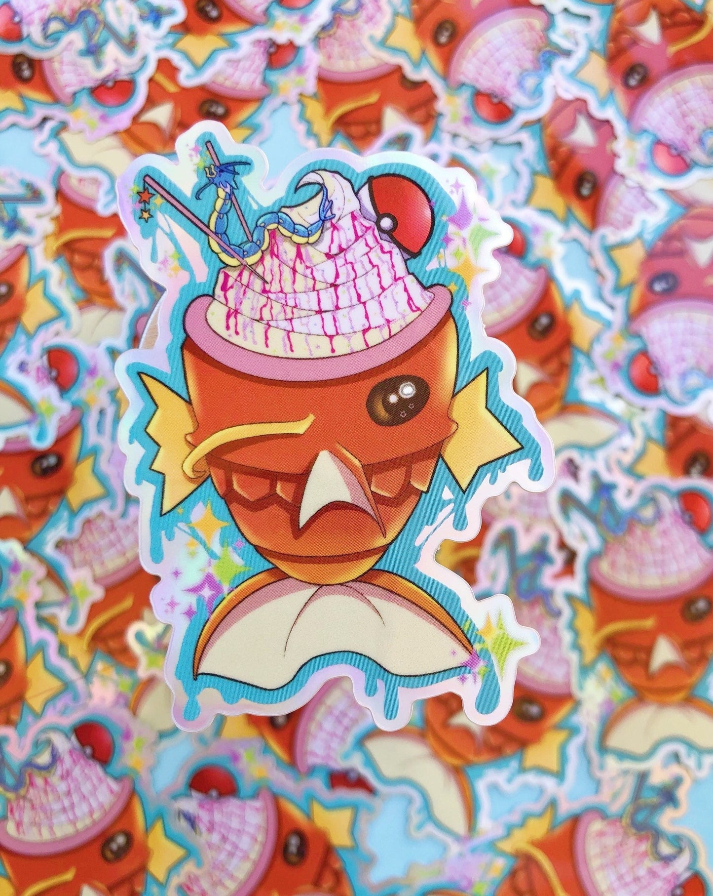 Pokémon inspired Magikarp & Gyarados holographic vinyl sticker