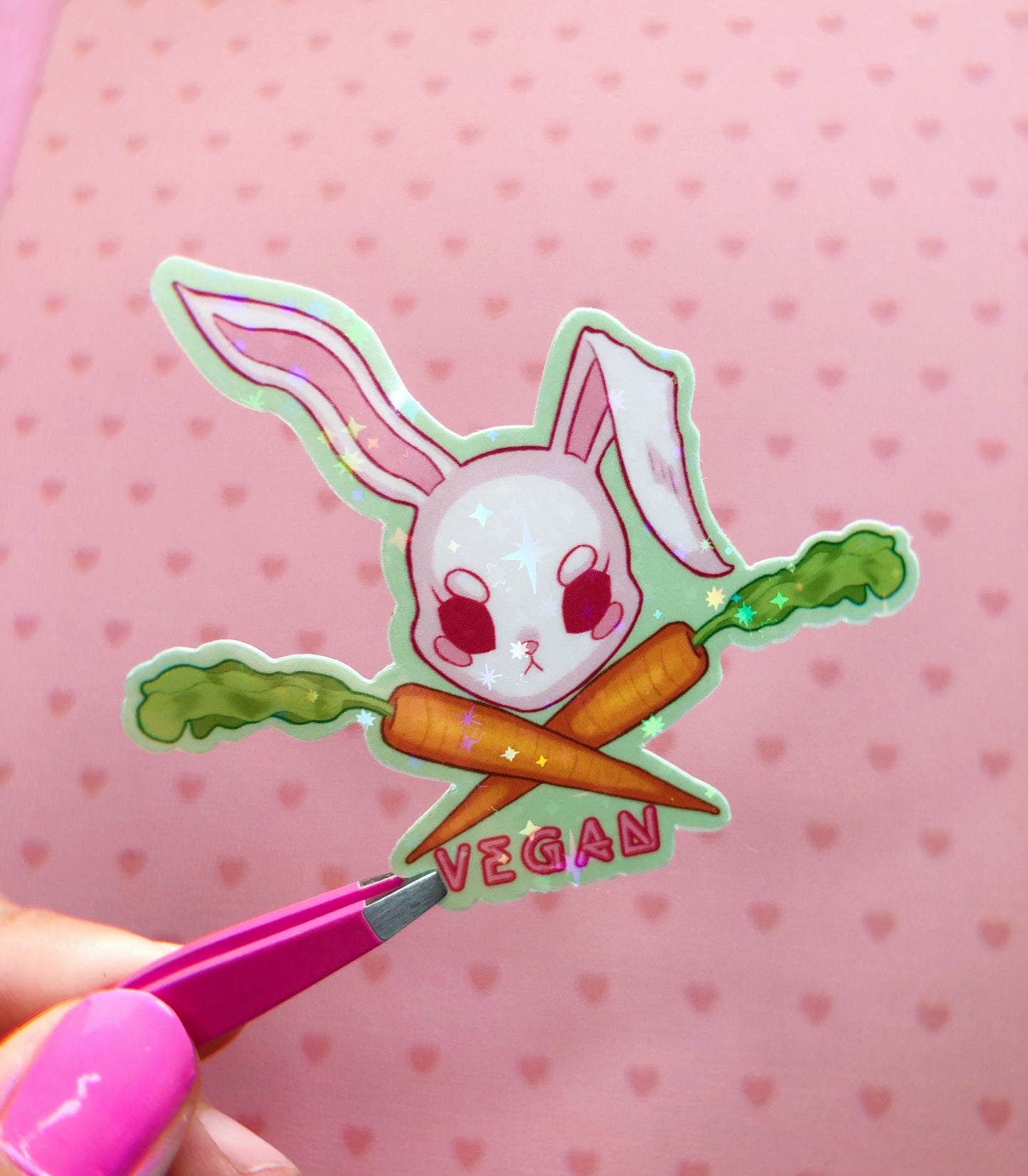 Vegan bunny holographic vinyl sticker