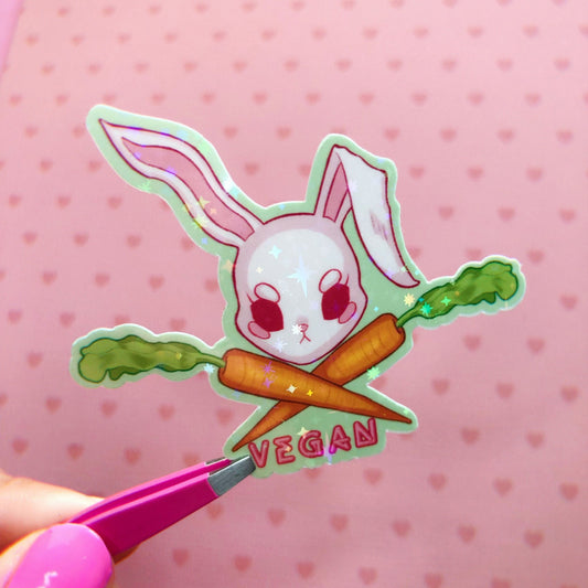 Vegan bunny holographic vinyl sticker