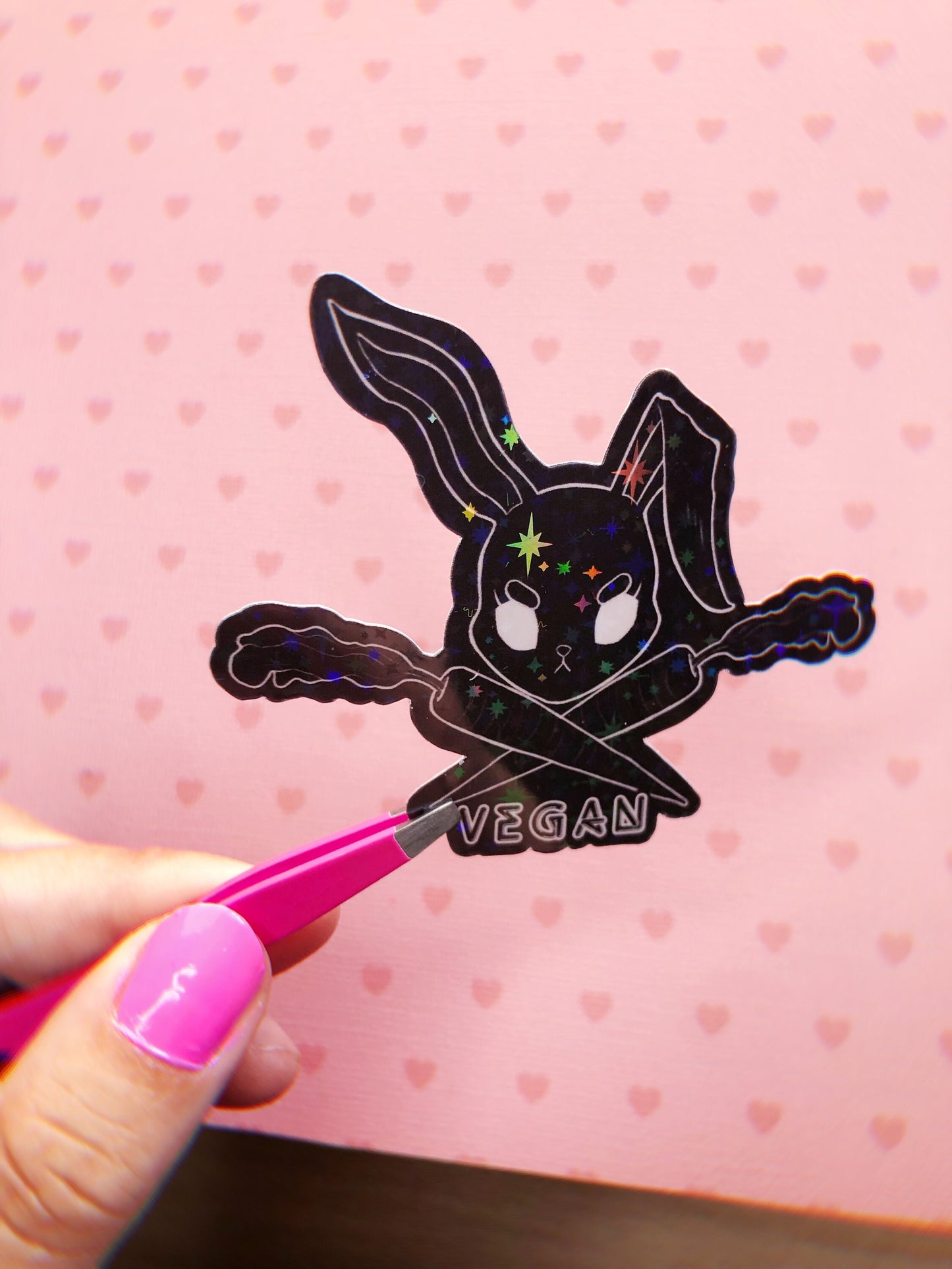 Vegan bunny holographic vinyl sticker