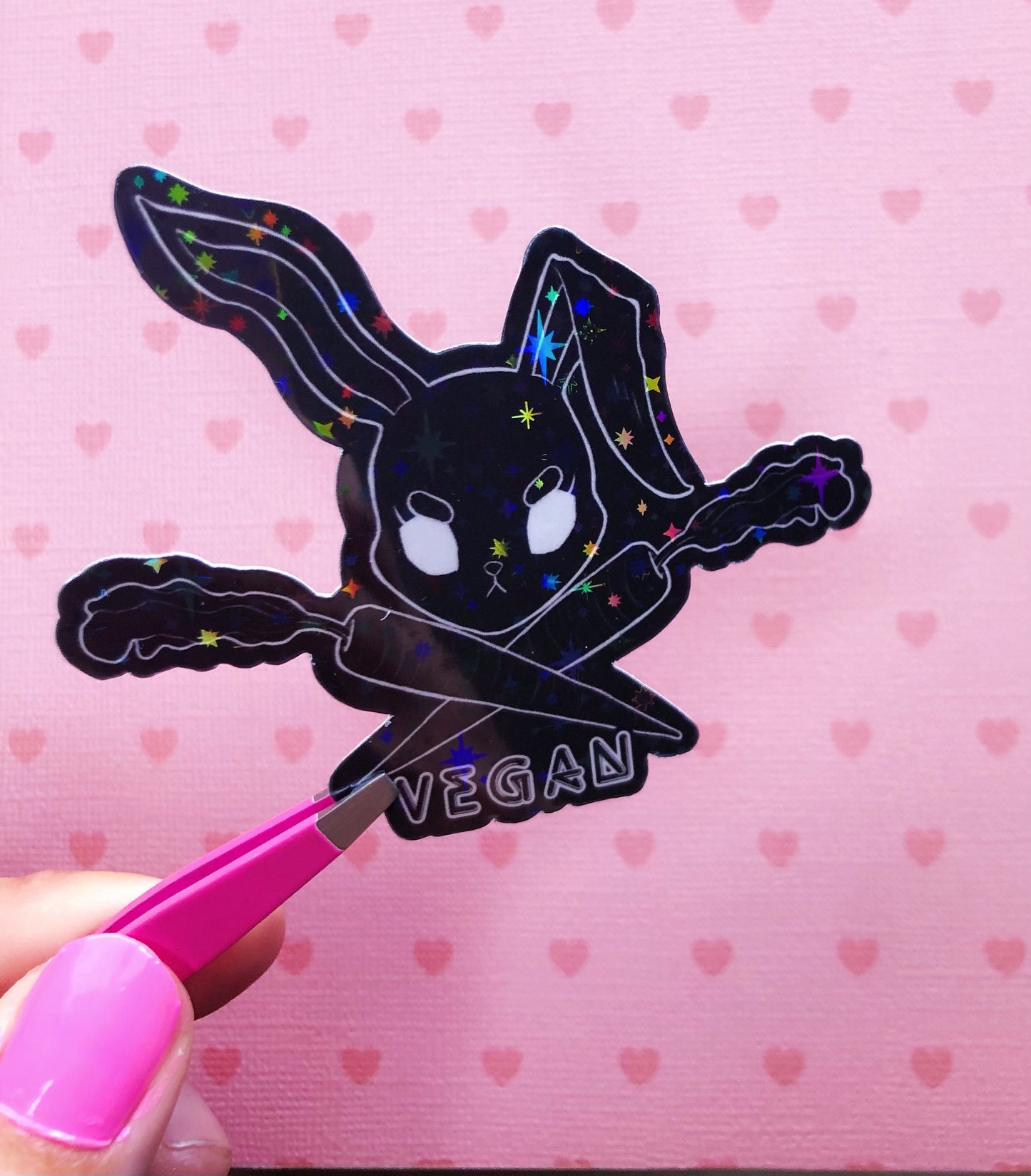 Vegan bunny holographic vinyl sticker