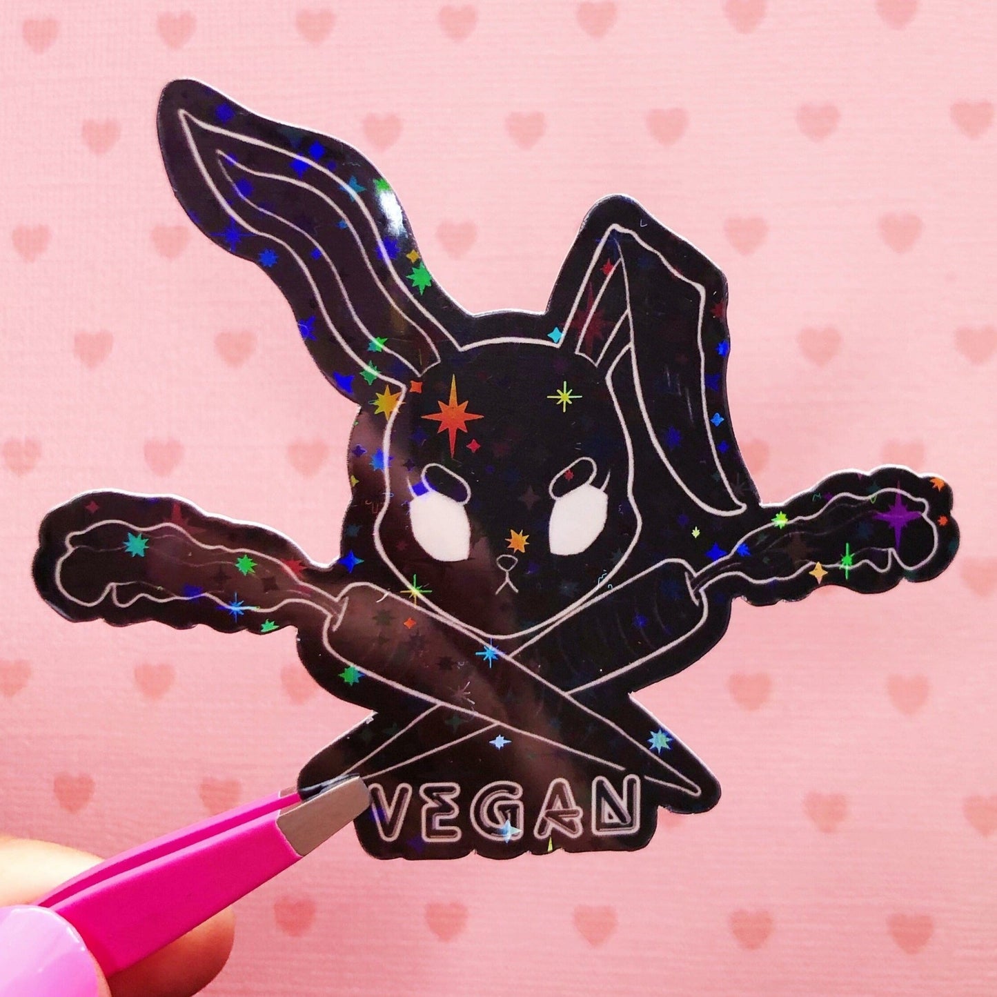 Vegan bunny holographic vinyl sticker