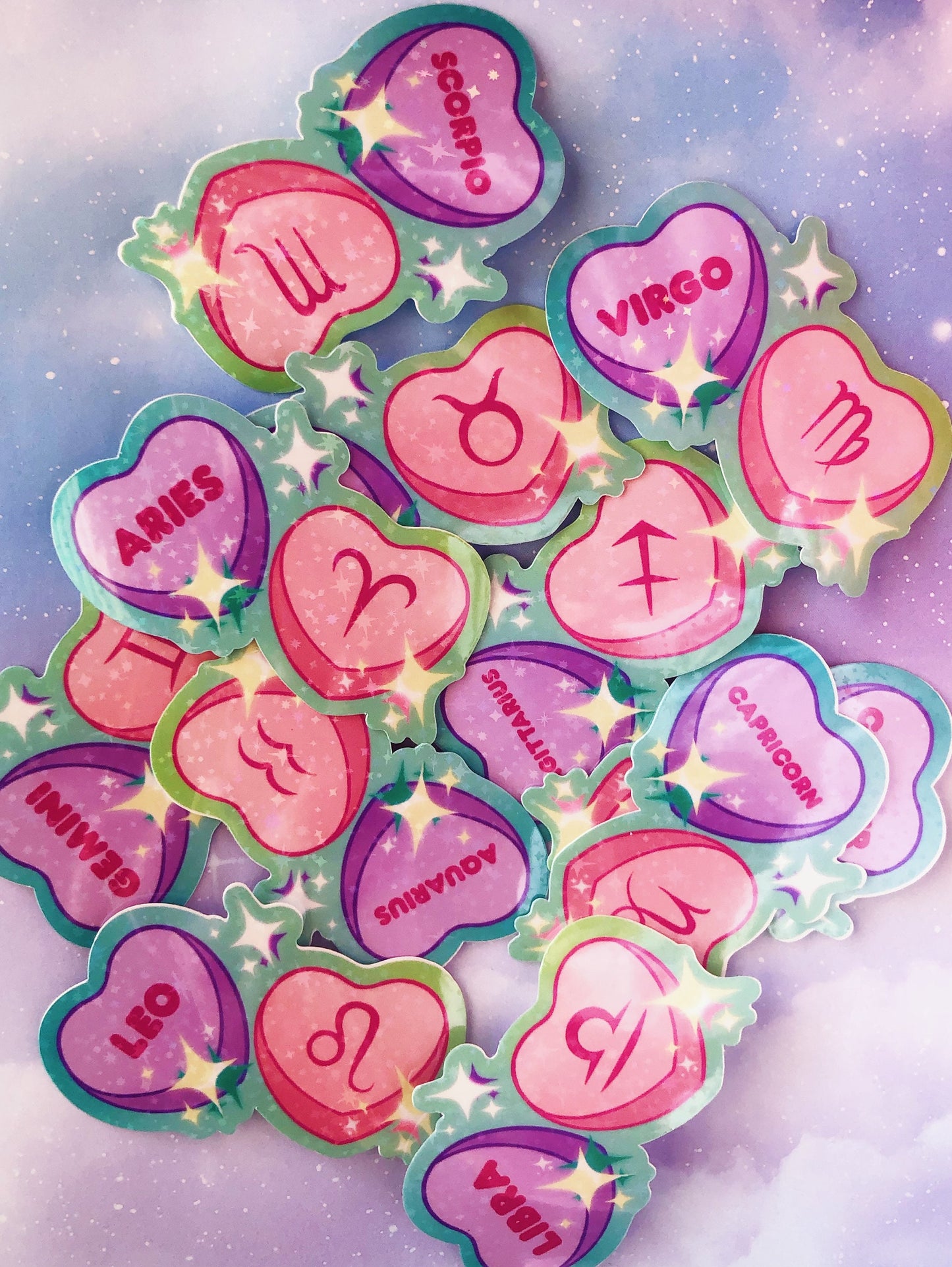 Zodiac Sign Sweethearts Holographic vinyl stickers